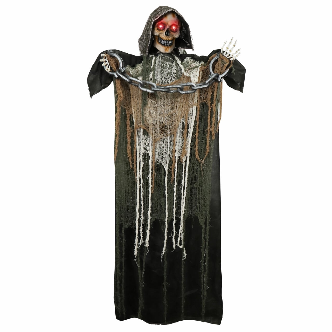 Joyfy 67" Standing Grim Reaper with Chain, Large Halloween Decorations Outdoor, Life Size Animatronics Skelton, Sound-Actived Party Decor with Creepy Sound & LED Eyes, Scary Haunted House Props