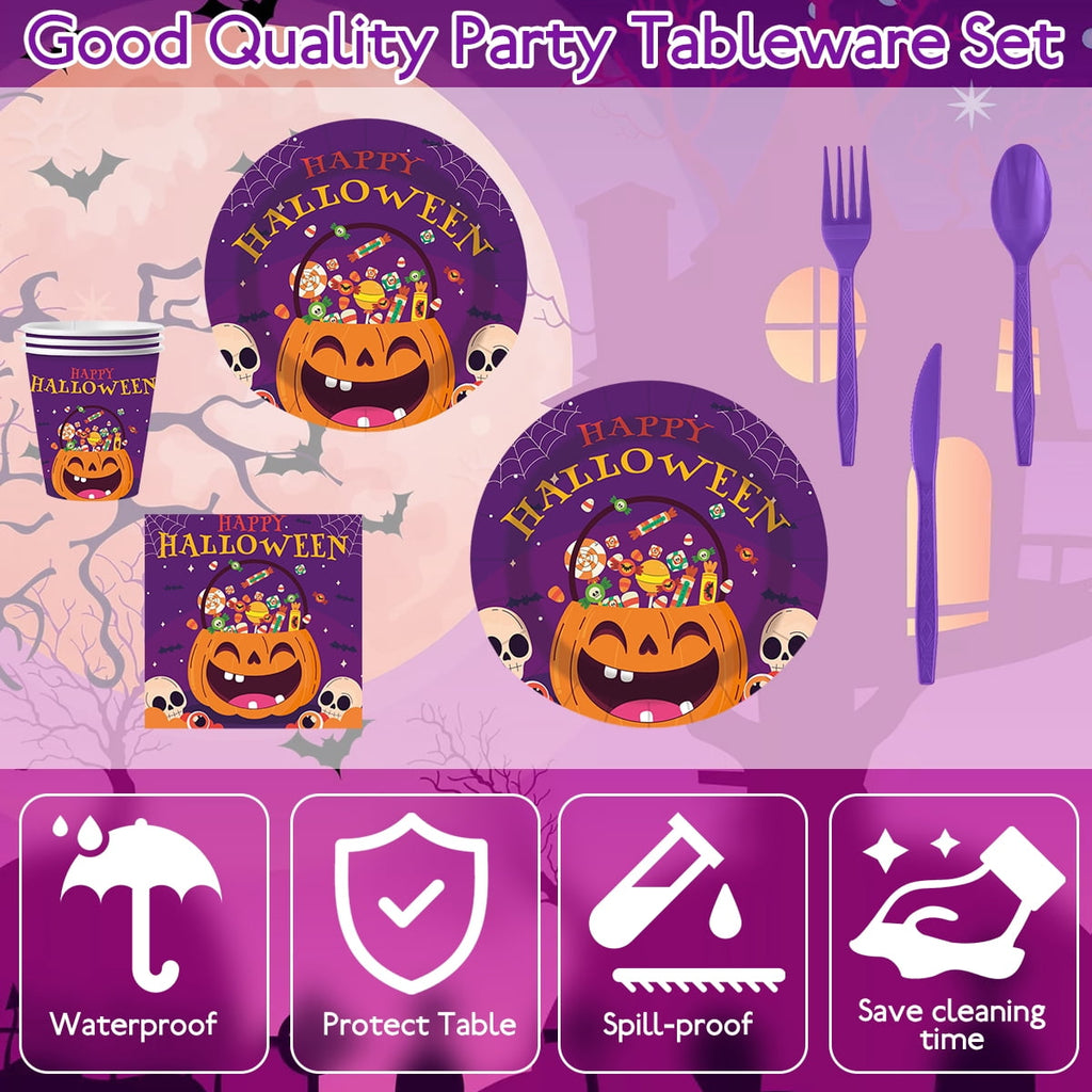 Halloween Paper Plates for Halloween Party Decoration Disposable Cups Napkins Table Cover for Halloween Banner Birthday Party Supplies Serve 20 Design 3