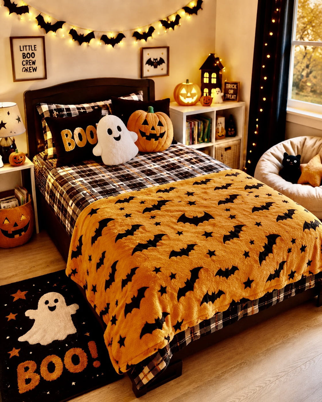 Serafina Home Halloween Throw Blanket: Fuzzy Boo! Jack O'Lantern Spider Webs Skull and Black Cats Print on Velvet Fleece for Sofa Bed Couch Chair Dorm