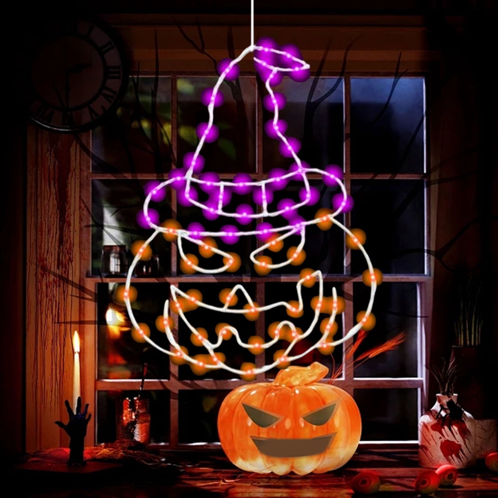 Btomtd Halloween Thanksgiving Window Light Iron Forged Hat and Pumpkin Shape Decorative Light with 8 Modes Remote Control Glowing Indoor Outdoor Holiday Decor, White