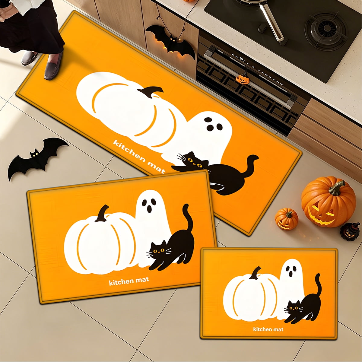 YIMEIS Halloween White Pumpkin Multi-purpose 3-Piece Flannel Mat and Kitchen Rugs,Soft Non-slip for Home Bedroom Bathroom