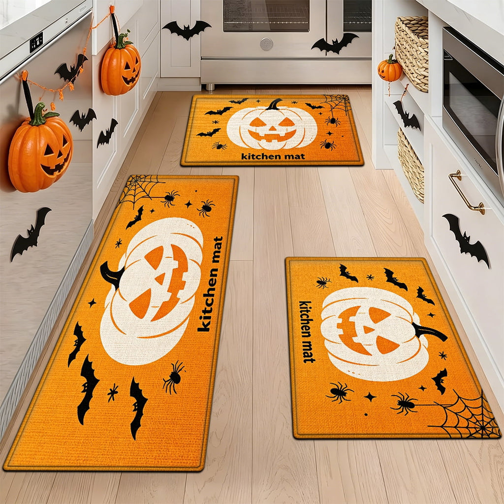 YIMEIS Halloween White Pumpkin Multi-purpose 3-Piece Flannel Mat and Kitchen Rugs,Soft Non-slip for Home Bedroom Bathroom