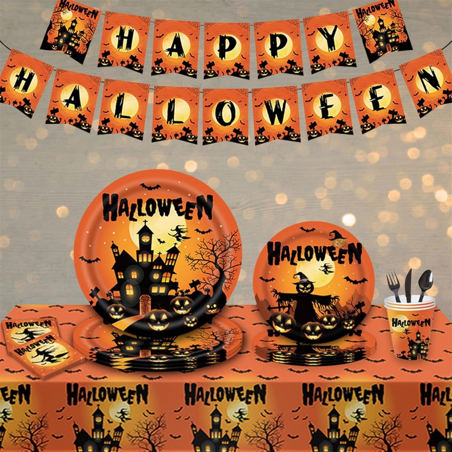 Halloween Party Supplies Decoration Tableware Set,114 Pcs Includes Plates, Napkin,Cup,Straw, Banners, Tablecloth.Halloween Disposable Dinnerware for Halloween Party Decorations,Serve 16