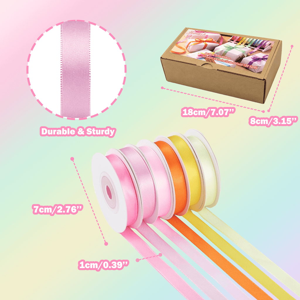 Yarniss Satin Ribbon Roll, 3/8 Inch, Double Faced Polyester, 20 Rolls, 100 Yards, for Crafts & Gift Wrapping
