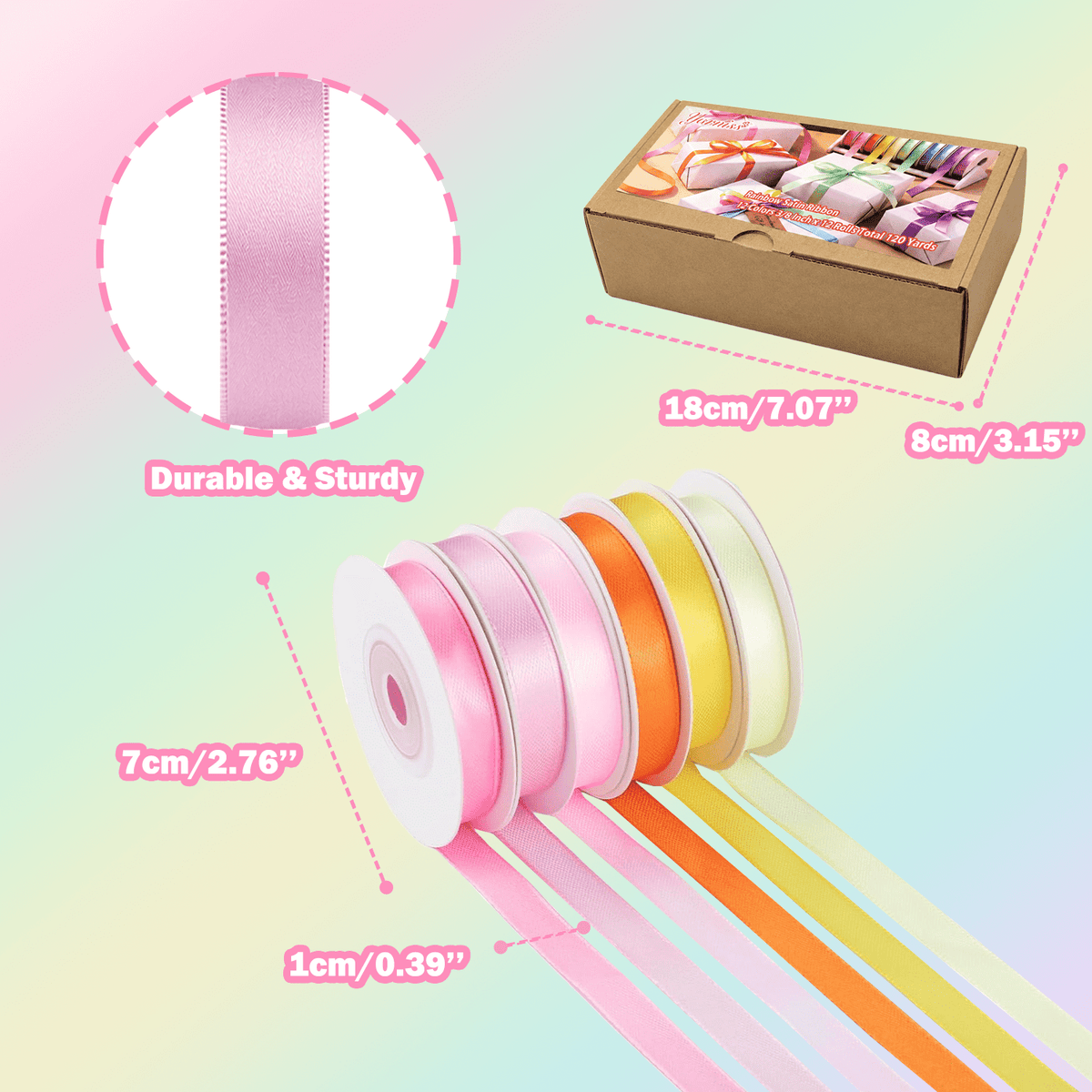 Yarniss Satin Ribbon Roll, 3/8 Inch, Double Faced Polyester, 20 Rolls, 100 Yards, for Crafts & Gift Wrapping
