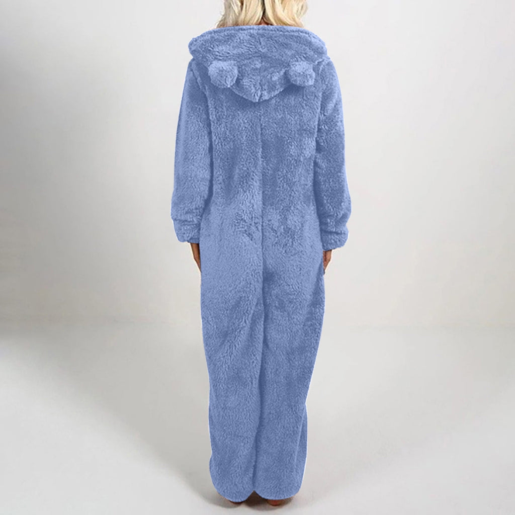 QATAINLAV Sherpa Fleece Jumpsuit for Women Winter Warm Fuzzy Onesie Pajamas Cute Cat Hooded Romper Casual Zip Up Overalls Sleepwear Black XL