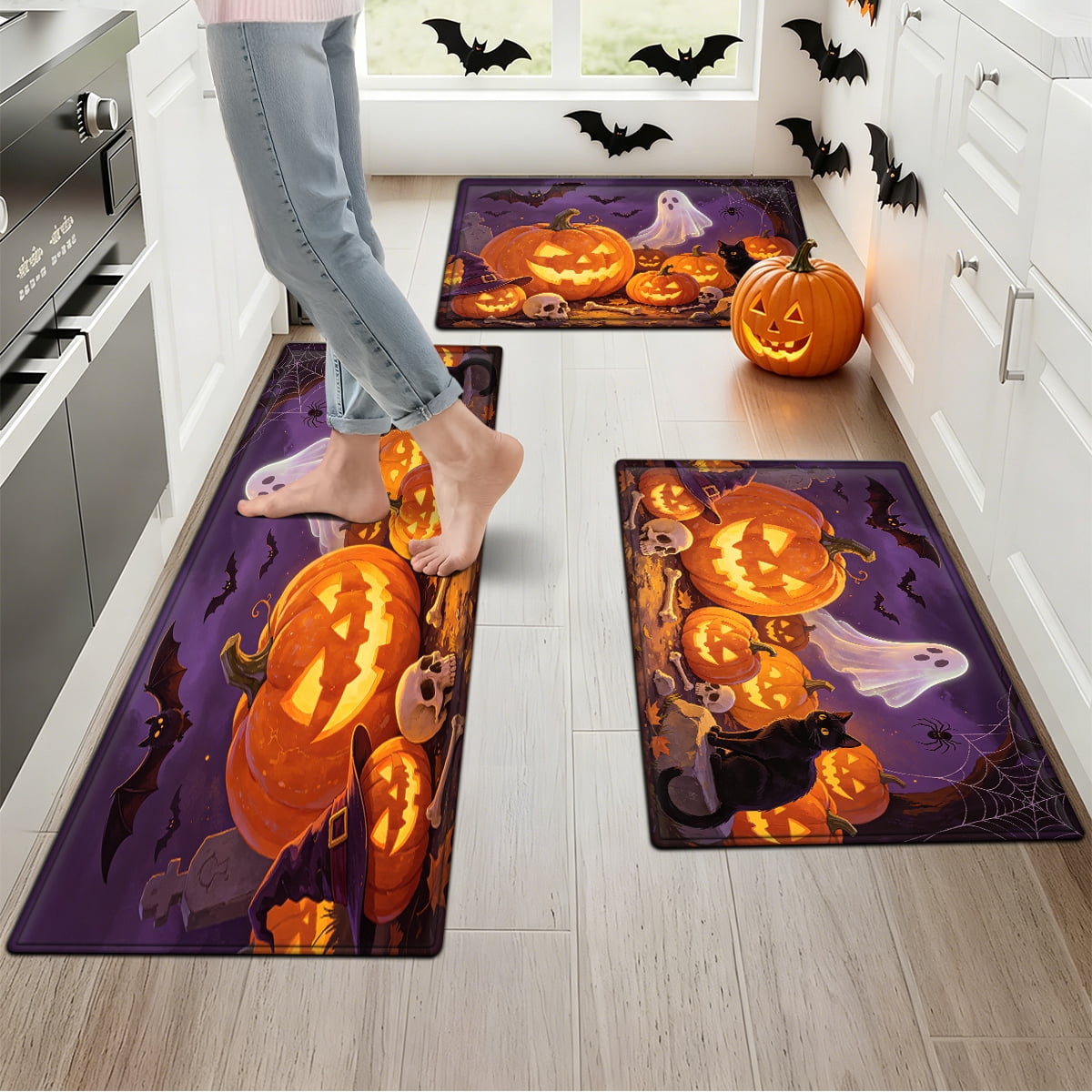 YIMEIS Halloween Pumpkin Lantern 3Pcs Flannel Mat & Kitchen Rugs Set,16''×24'' 20''×30'' 17''×47'' Inches,Soft Non-slip for Home Bathroom