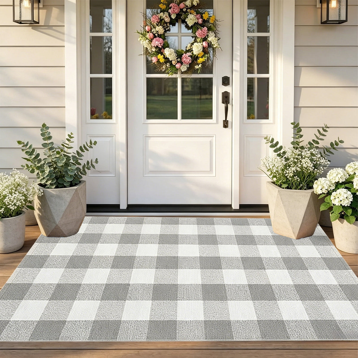 Orange Plaid Fall Outdoor Mat, Hand-Woven Porch Rug for Thanksgiving Halloween Door Decor