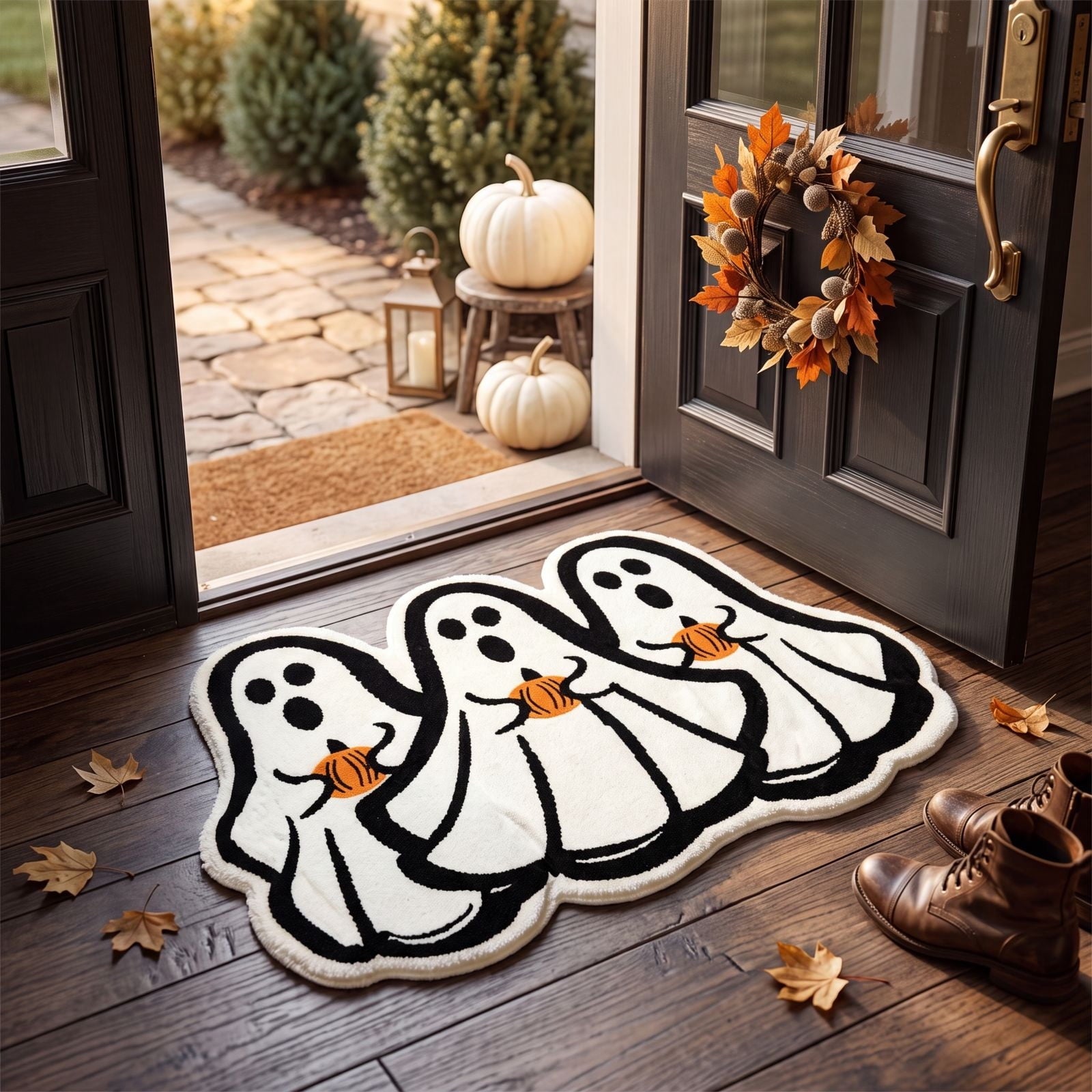 Halloween Doormat Ghost Bath Mat 23.6x15.7in Secure-Grip Absorbent Soft Faux Fur Rug for Bathroom Bedroom Living Room Decor by OVFUIZ