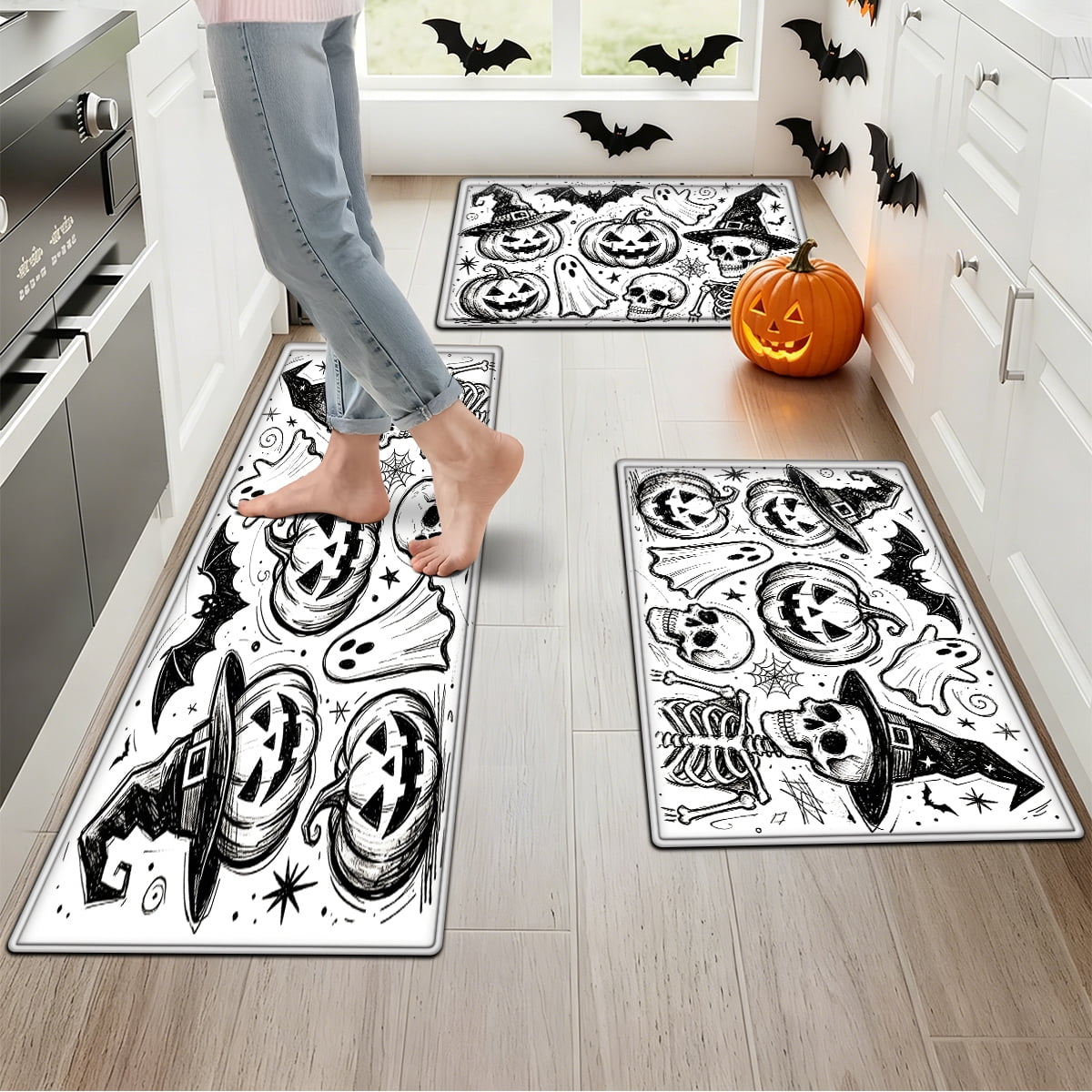 YIMEIS Halloween Pumpkin Lanterns 1Pc Flannel Mat and Kitchen Rugs,Soft Non-slip,Perfect for Home Bathroom