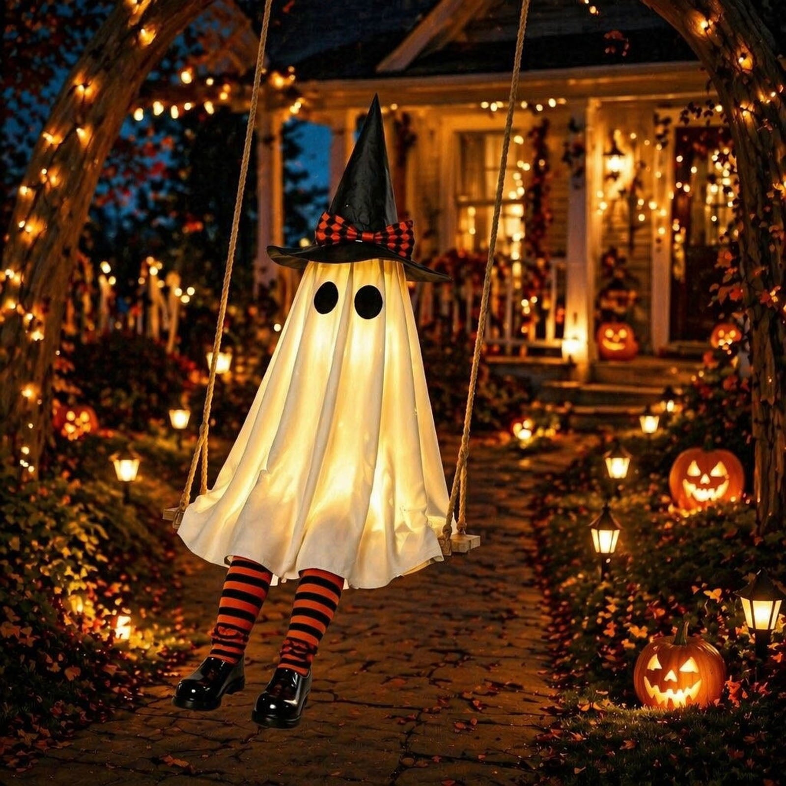 Clearance 5 FT Hanging Ghost Decor,Early Halloween Decorations Light-Up Flying Ghost on Broomstick with Witch Hat, Witch Broom, Spooky Cute Outdoor Halloween Decorations for Front Porch Yard Tree