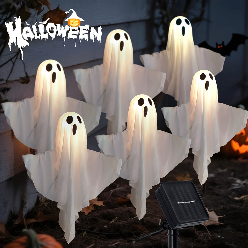 6 Pack Solar Powered Ghost Halloween Decorations Outdoor, LED Light Up Ghost Stakes with Auto On/Off and 8 Lighting Modes, Waterproof Halloween Yard Decor for Garden, Pathway, Porch, Lawn and Party