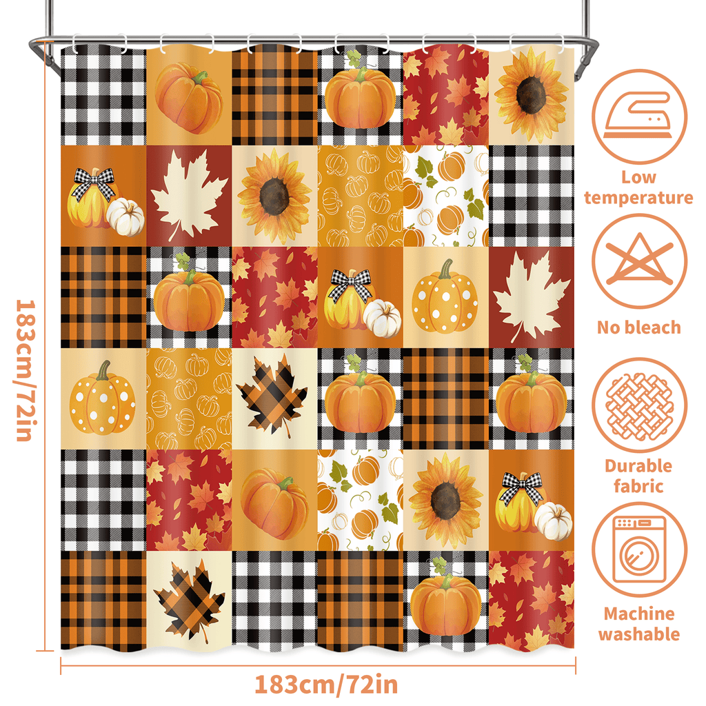 Ikfashoni Fall Shower Curtain with Hooks, Fall Decor for Home, Buffalo Plaid Pumpkin Waterproof Bathroom Curtains, 72"X72"