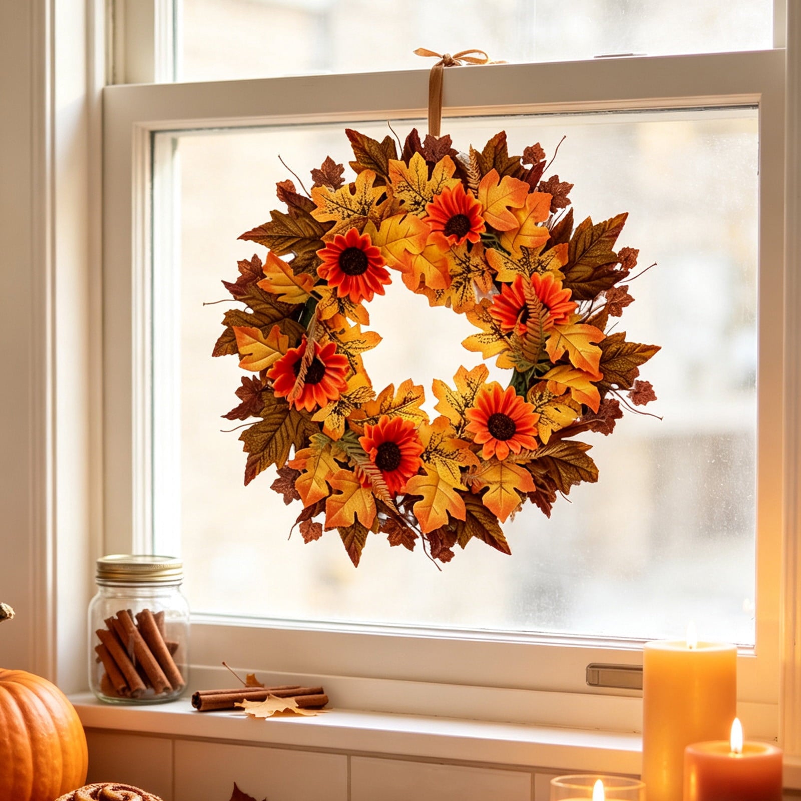HOARBOEG Autumn Harvest Sunflower Wreath, Artificial Pumpkin Maple Leaf Fall Wreath for Front Door, 21.65 in Thanksgiving Wall Hanging Decor, Outdoor Indoor Harvest Decor