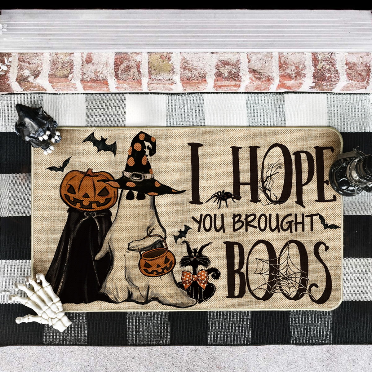 Sm:)e Polka Dot Black Cat, Jack-O'-Lantern, Ghost Halloween Welcome Doormat, 17x29 Inch