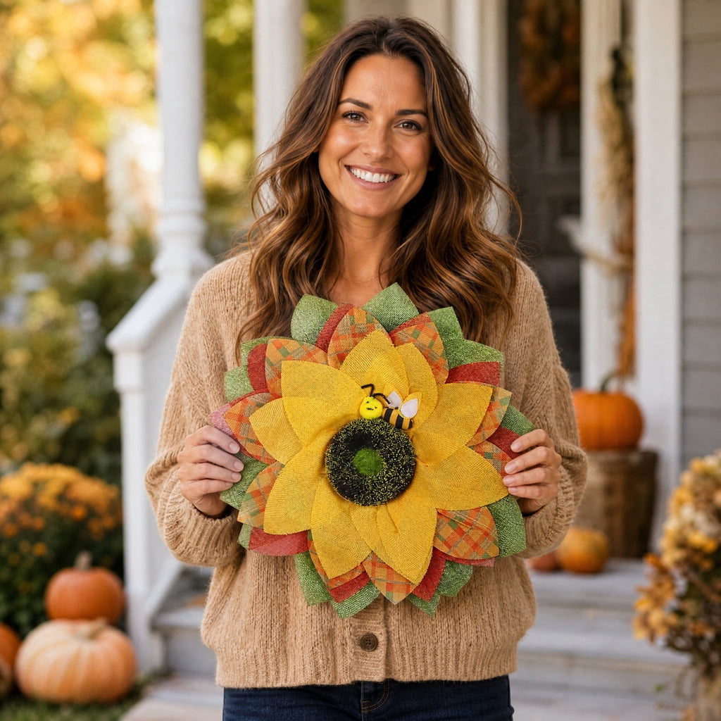 HOARBOEG Autumn Harvest Sunflower Wreath, Artificial Pumpkin Maple Leaf Fall Wreath for Front Door, 21.65 in Thanksgiving Wall Hanging Decor, Outdoor Indoor Harvest Decor