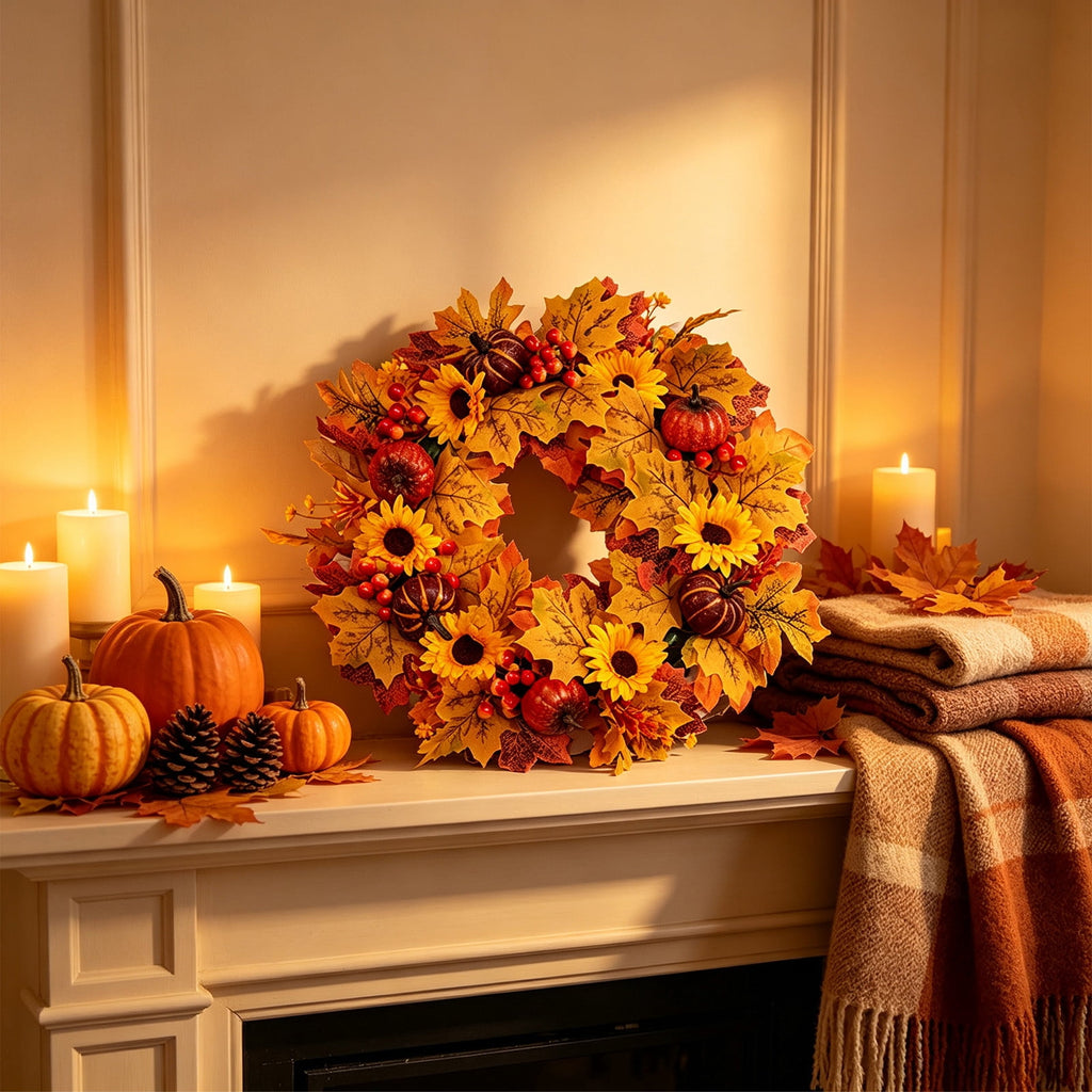 HOARBOEG Handmade Wrought Iron Maple Leaf Wreath, Thanksgiving Rudolph Fall Harvest Door Hanging, Orange Metal Autumn Wreath with Berries, Garden Wall Decor, 15.75 in