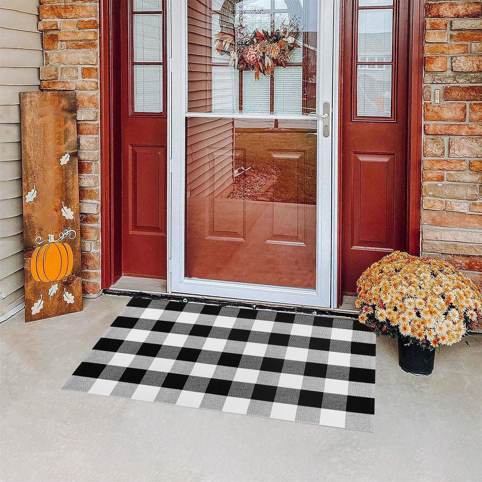 Sunshinehomely Buffalo Plaid Outdoor Rug, Fall Decor Front Door Mat, Layered Welcome Door Mat, Halloween Fall Thanksgiving Front Porch Entryway Farmhouse Decor Floor Mat