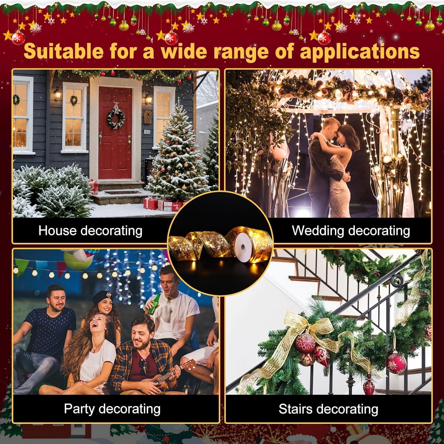 BN-LINK 33Ft Christmas String Lights with 2 Lighting Modes, 100 LED Ribbon Lights, Christmas Tree Decorations Battery Operated for Party Xmas