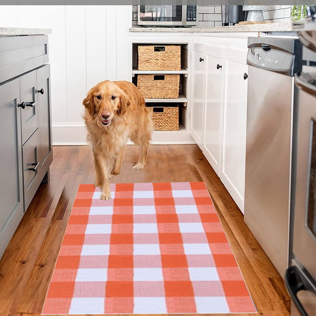 Guozer Fall Outdoor Rug Orange Plaid Outdoor Rug Cotton Hand-Woven Check Rug Layered Doormats For Front Door/Front Porch/Farmhouses/Entryway/Patio 23.6''x 35.4''