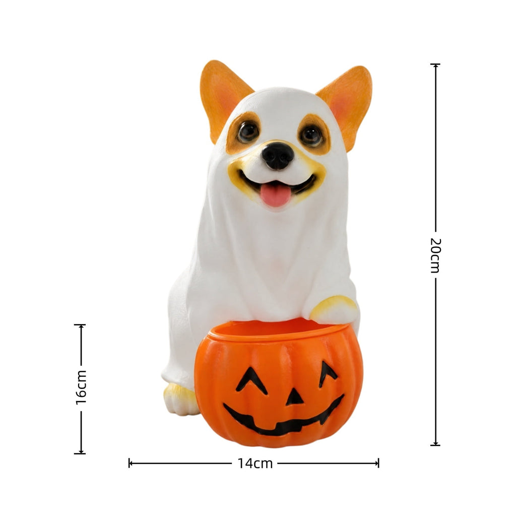 Clearance Halloween Schnauzer Bat Figurine with Ghost Bucket, 8 inch Resin Cute Dog Gifts Tabletop Decor