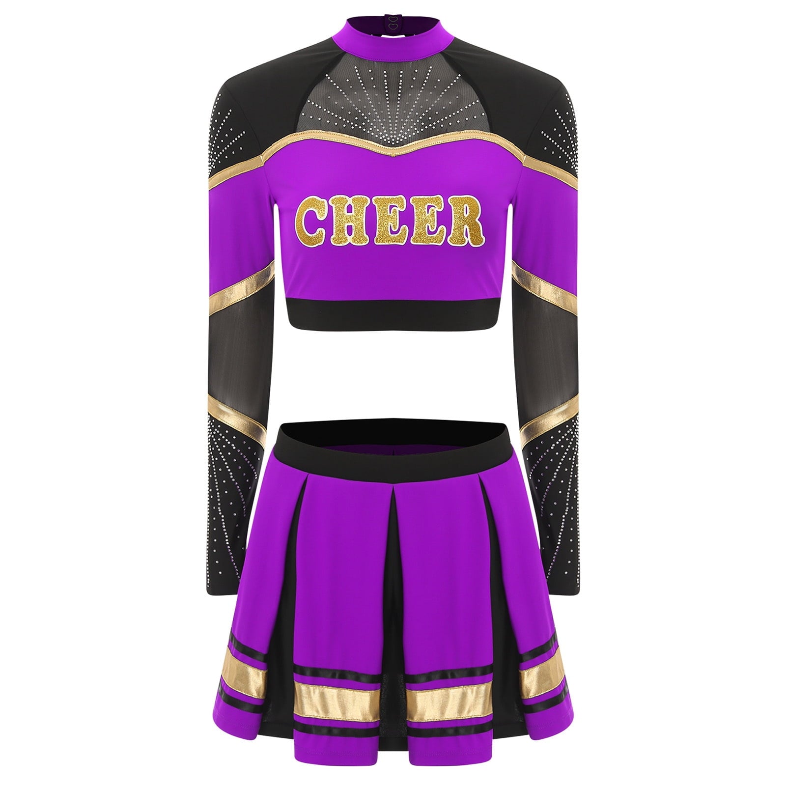 TiaoBug Women Cheer Leader Uniform Dance Cheerleading Costume Long Sleeve Crop Top with Mini Skirt White S