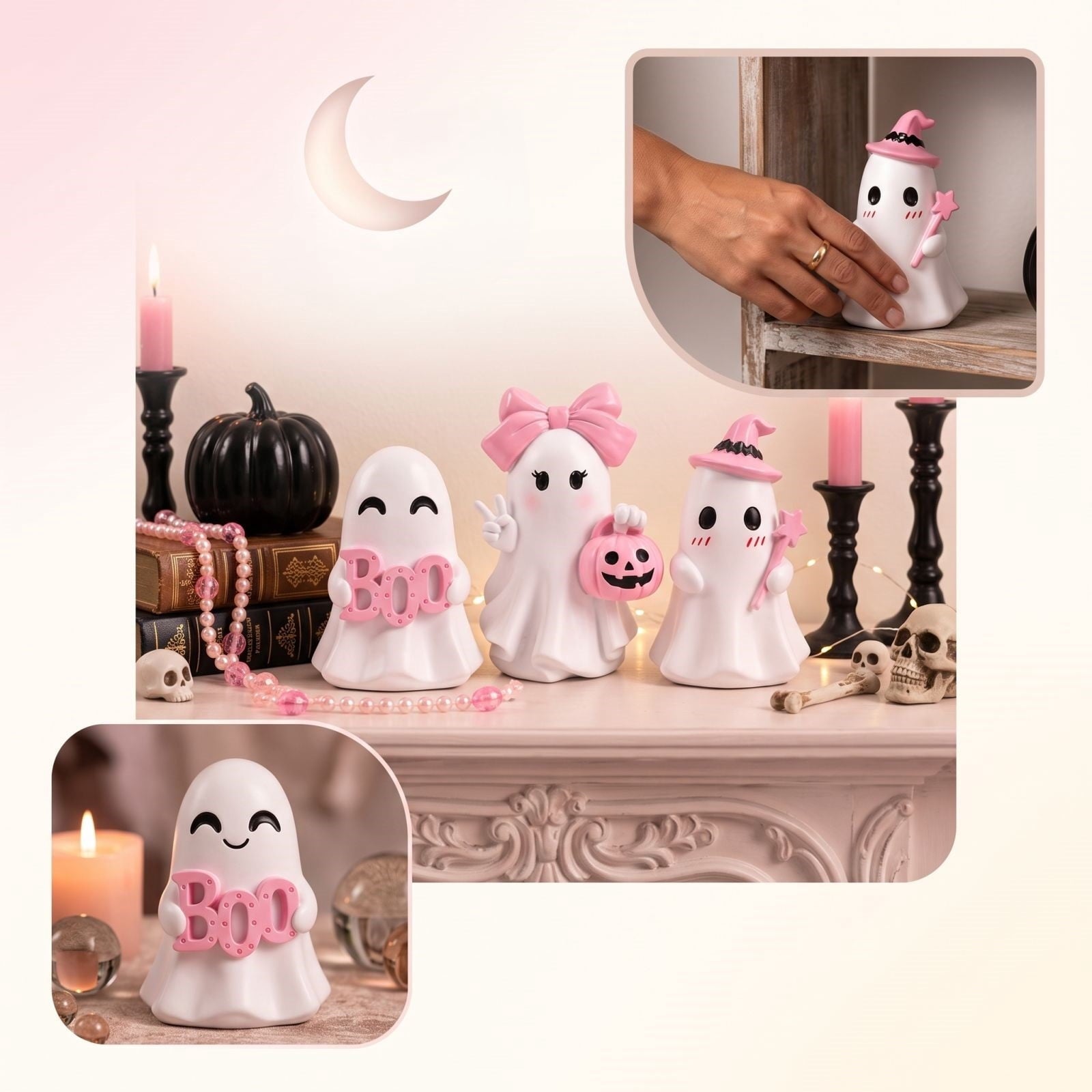 Pink Halloween Decor Ghost Candy Bowl Figurine with Bow and Scalloped Holder for Indoor Tabletop Decor and Party Favor Display
