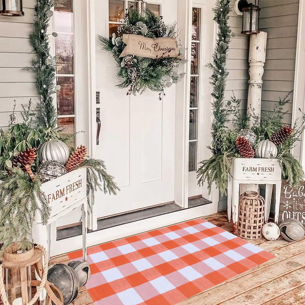 Guozer Fall Outdoor Rug Orange Plaid Outdoor Rug Cotton Hand-Woven Check Rug Layered Doormats For Front Door/Front Porch/Farmhouses/Entryway/Patio 23.6''x 35.4''