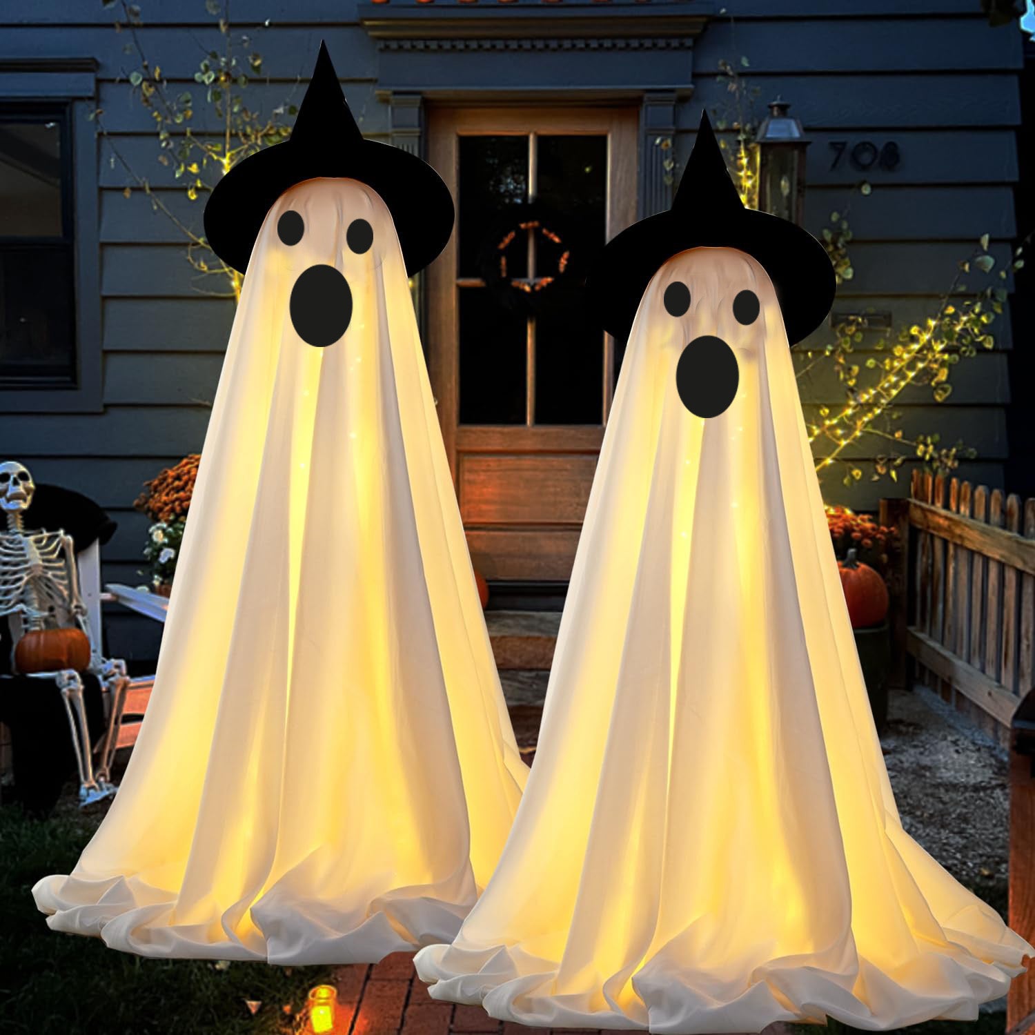 2Pcs Halloween Decorations Outdoor Ghost, DIY Ghost Kit Decor with Witch Hat Remote Control String Lights Halloween Decorations Indoor Halloween Ghost Lights for Porches Yards Gardens Lawn