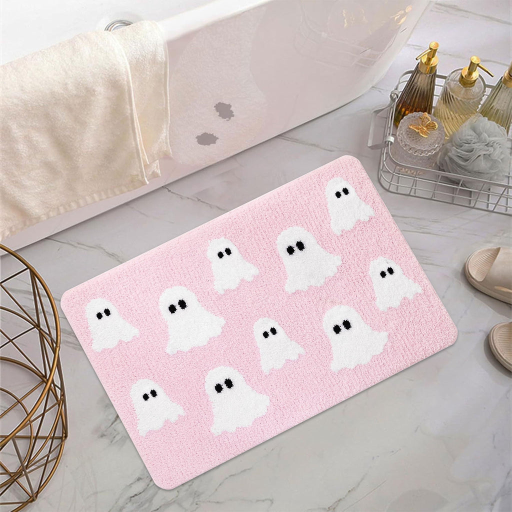 Coollooc Halloween Spooky Ghosts Bath Mat, Light Grey Bathroom Rugs Cute Home Decor Non Slip Gift Shower Rug for Bedroom, Happy Halloween Door Mat, Living Room and Entry(Pink)