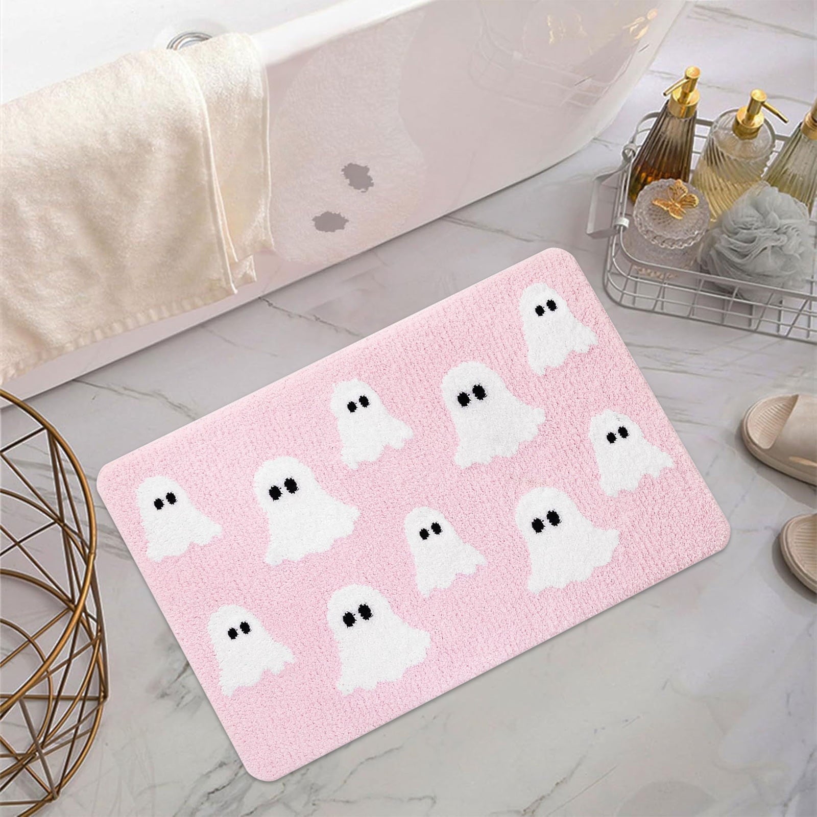 Coollooc Halloween Spooky Ghosts Bath Mat, Light Grey Bathroom Rugs Cute Home Decor Non Slip Gift Shower Rug for Bedroom, Happy Halloween Door Mat, Living Room and Entry(Pink)