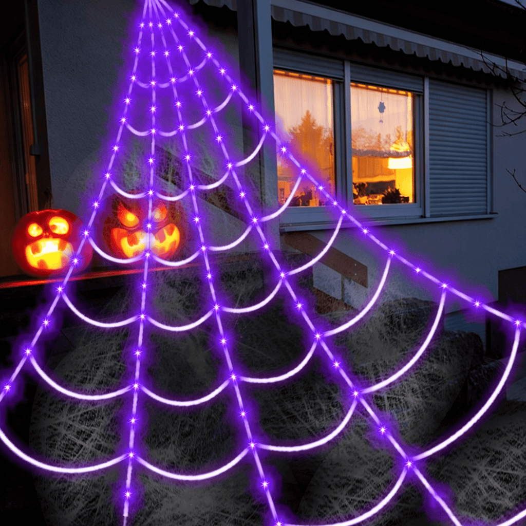 16.4Ft Large Spider Webs Halloween Decorations Lights, Outdoor Battery Operated Purple Halloween String Lights with 8 Modes Remote Control 125 LEDs Spiderweb,60" Large Spider,Waterproof (Purple)
