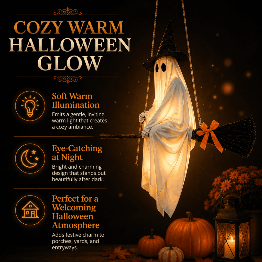 LIGHTED HANGING GHOST WITCH HALLOWEEN DECORATION Floating White Ghost With Black Witch Hat Rustic Broom And Orange Bow Warm Glow