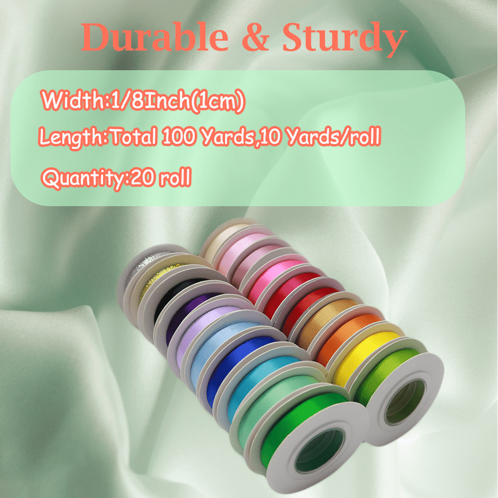 Yarniss Satin Ribbon Roll, 3/8 Inch, Double Faced Polyester, 20 Rolls, 100 Yards, for Crafts & Gift Wrapping