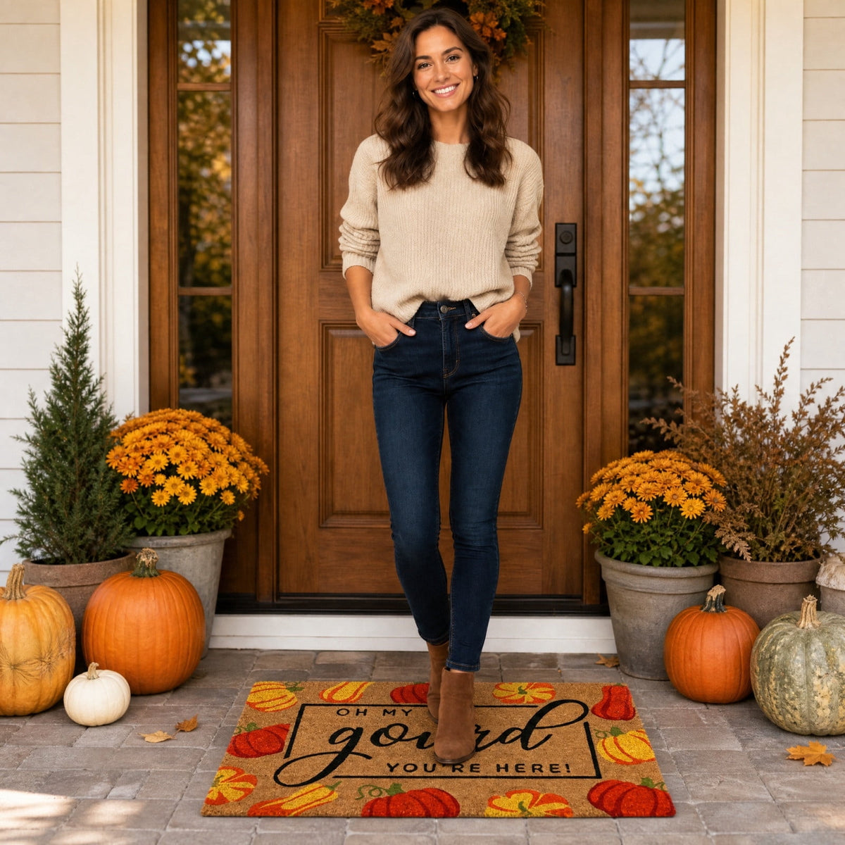 Fall Pumpkin Coir Doormat, Oh My Gourd Anti-Slip Front Door Mat Vintage Harvest Thanksgiving Halloween Entryway Floor Rug