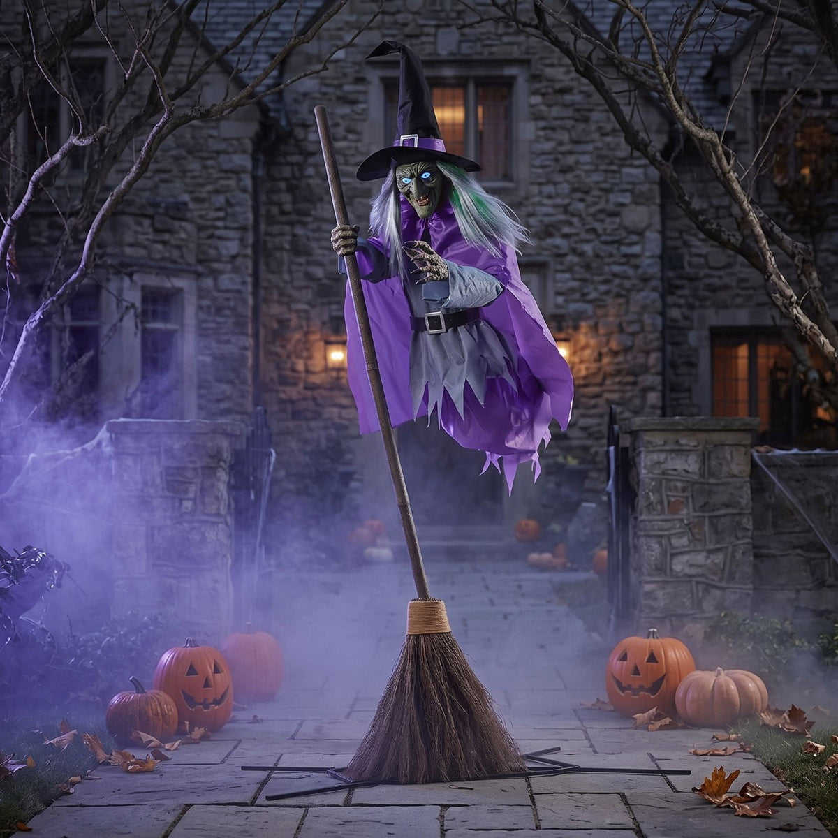 Halloween Flying Witch on Broom Decorations, 6 FT Animated Hovering Witch Animatronics Holding Sweeper Props with Scary Lights, House Decor for Outside Indoor Garden Yard Lawn