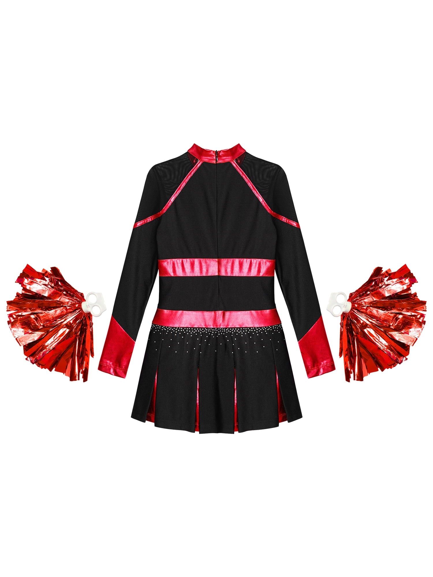 YEAHDOR Cheer Team Uniform for Schoolgirls Cheerleading Outfit Carnival Masquerade Costume Dress with Hand Flower Balls Black&Red 14