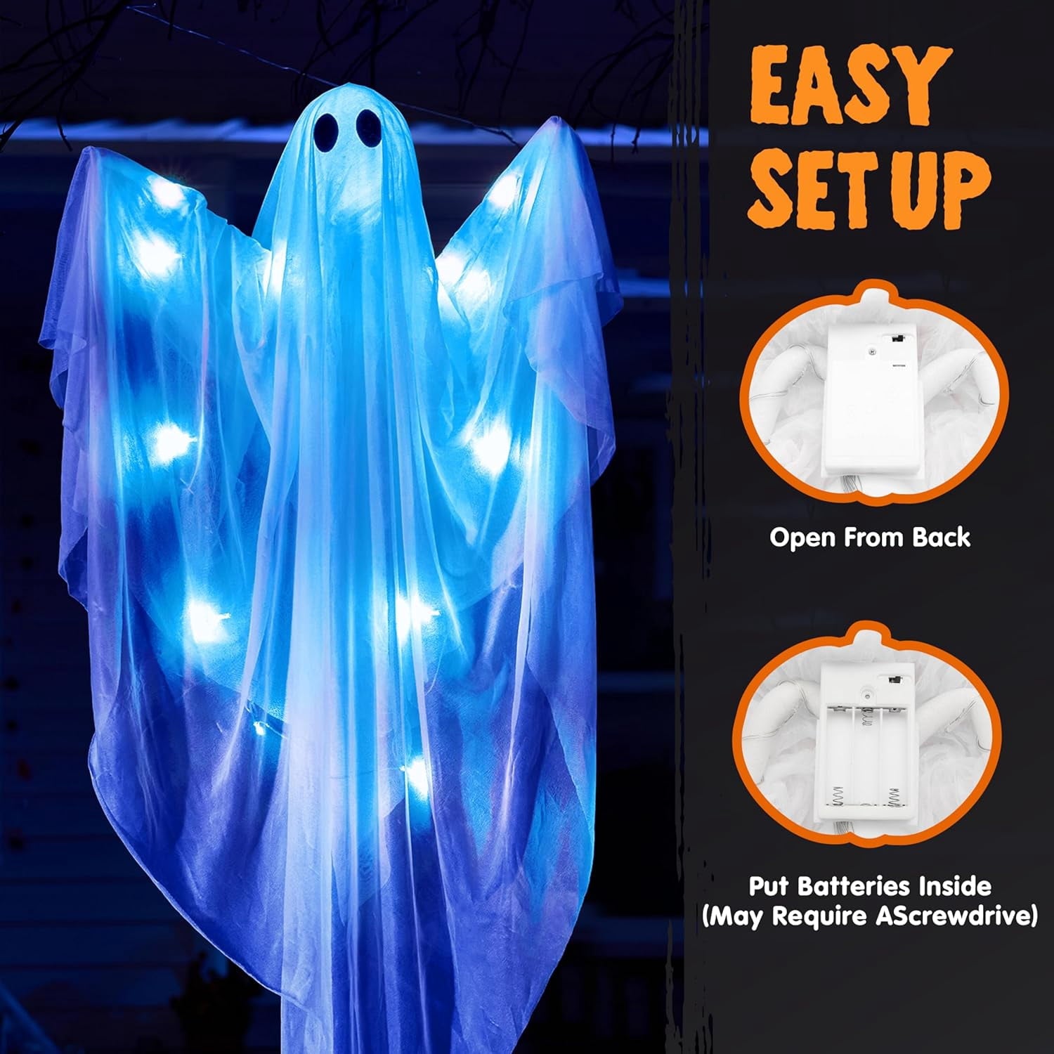 Joyfy 47inch Halloween Decorations Outdoor Hanging Ghost,Light up White Ghosts with Spooky Warm White LED Light,Halloween Outdoor Yard Porch Decorations,Haunted House Decorations