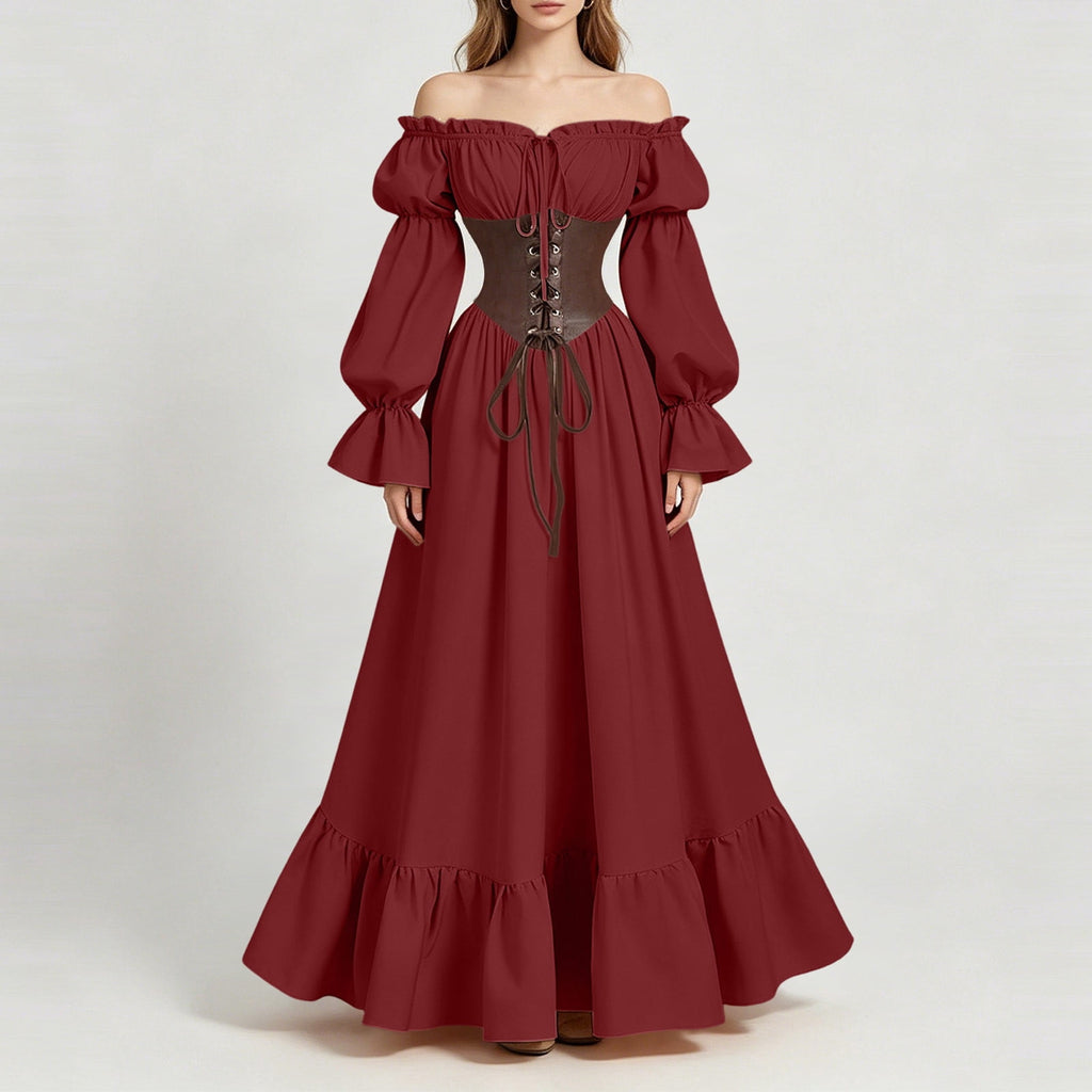 QATAINLAV Renaissance Costume Women Vintage Medieval Dress Cold Shoulder Short Sleeve Peasant Pirate Irish Maxi Dresses, Black, L