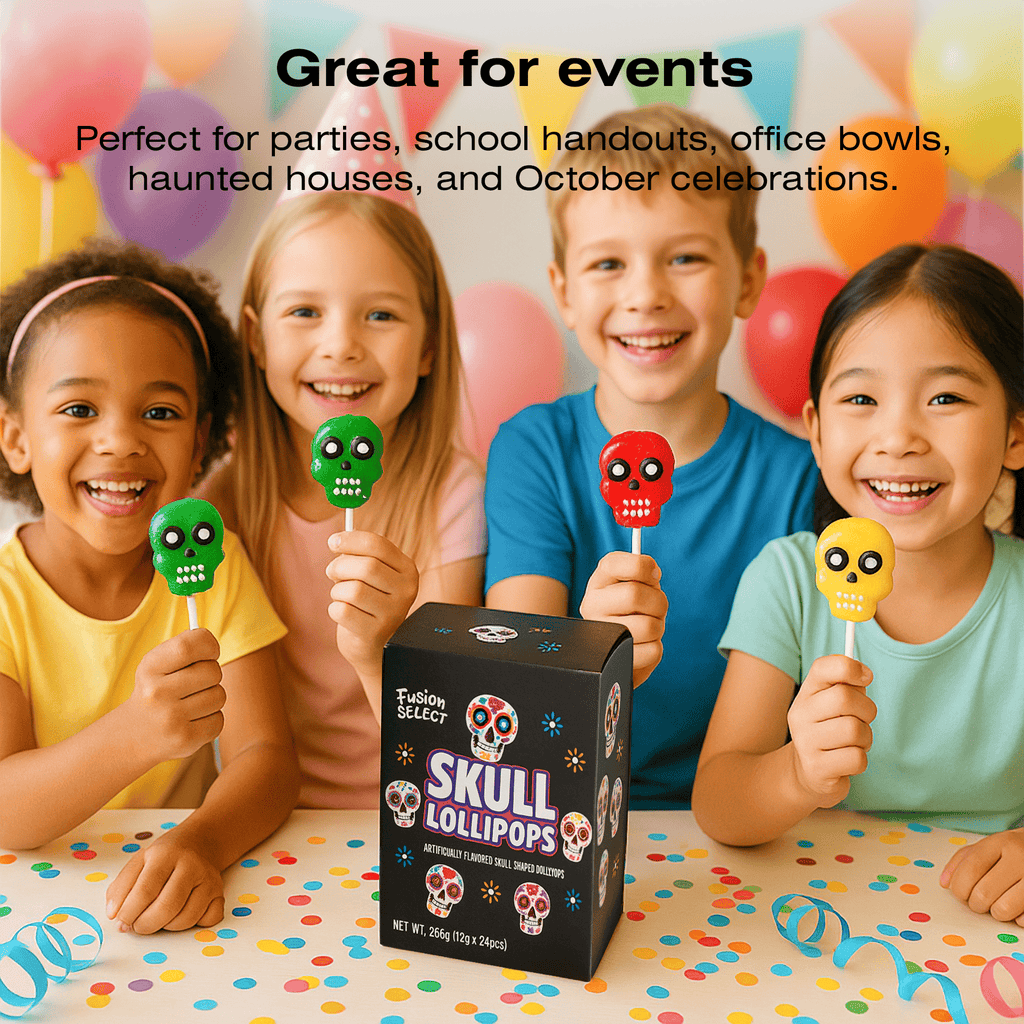 Fusion Select 24 Pcs Sugar Skull Lollipops - Colorful Halloween & Day of the Dead Candy - Individually Wrapped Novelty Treats for Kids - For Trick or Treat, Themed Party Favors & Celebrations