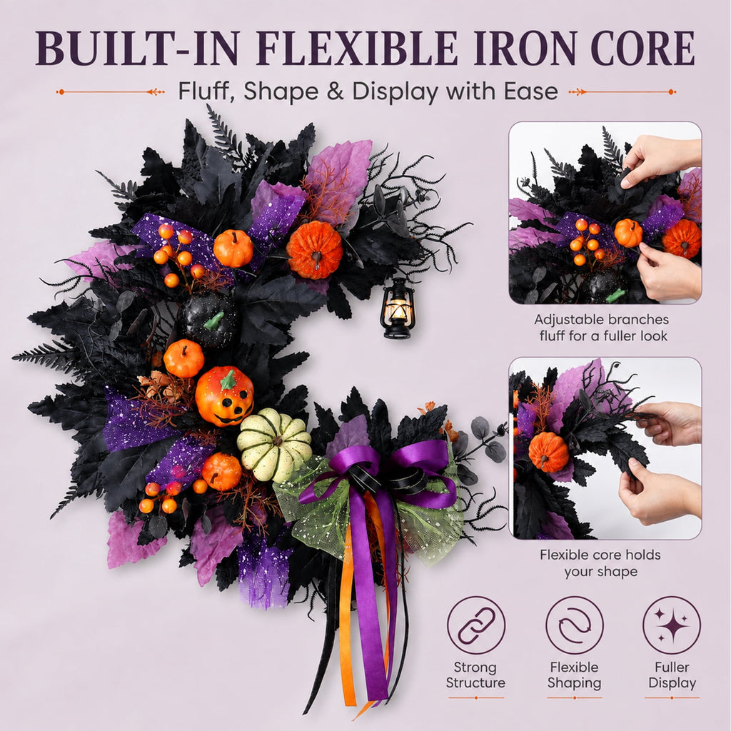 Halloween Wreath for Front Door, Crescent Wreath Moon, Black Gothic Spooky Outdoor Décor
