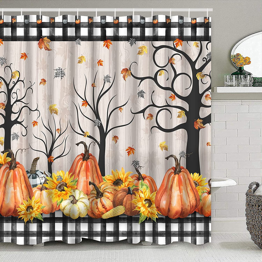 FRAMICS 16-Piece Fall Shower Curtain Sets with Rugs, Maple Leaves Pumpkin Bathroom Sets, Waterproof Fabric Bathroom Curtain Decor with Hooks