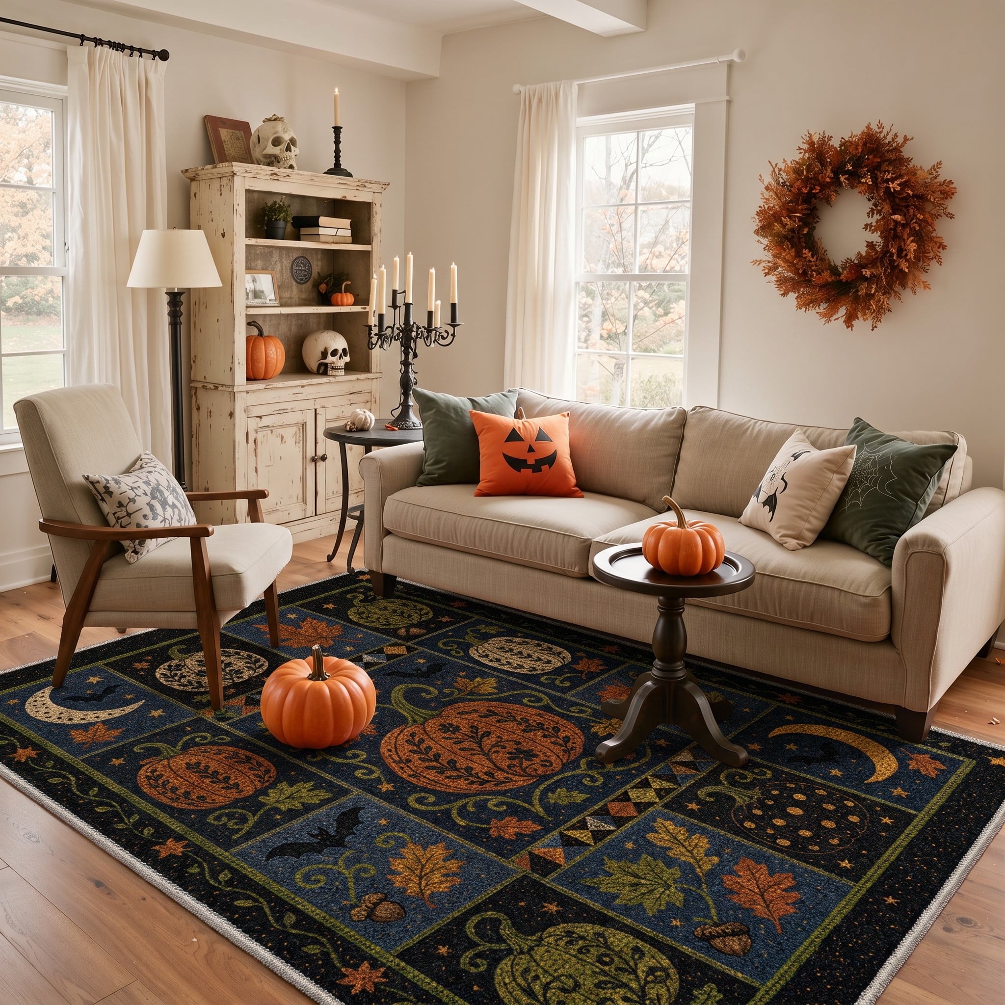GENIMO 5'x7' Halloween Area Rug for Living Room, Washable Non Slip Soft Vintage Witch Indoor Rug for Bedroom Dining Room Home Office, Retro Sepia