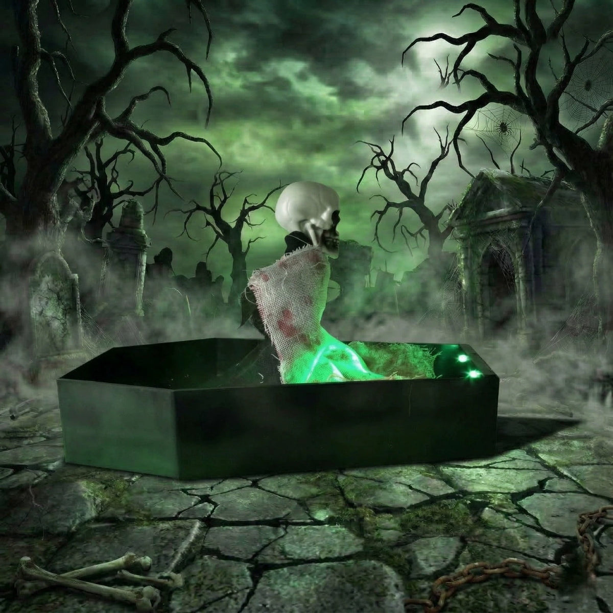 Voice Activated Animated Skeleton in Coffin, Spooky Halloween Decorations Prop with Green LED Light & Scary Sounds, Funny Tabletop Horror Skull Ghost Decor for Party Prank