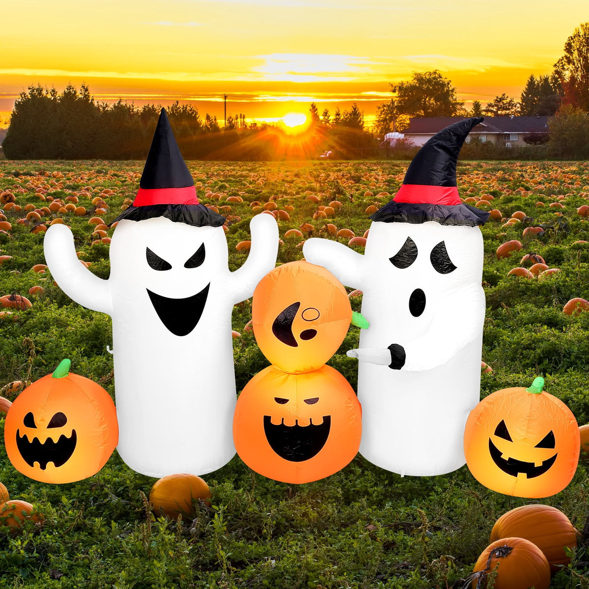 6 FT Halloween Inflatables Stacked Pumpkins Ghost with Build-in LEDs for Porch,Halloween Pumpkin Decor Blow up Yard Decorations