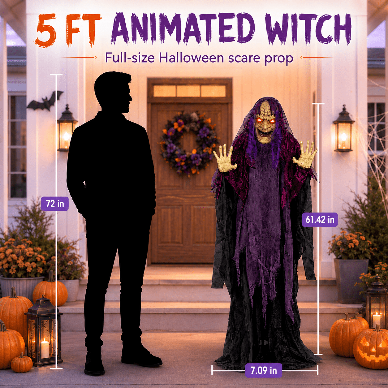 Romswi Halloween Decorations 5ft Standing Witch Animated with Light Up Eyes and Sound-Activated for Spooky Yard Garden Decor