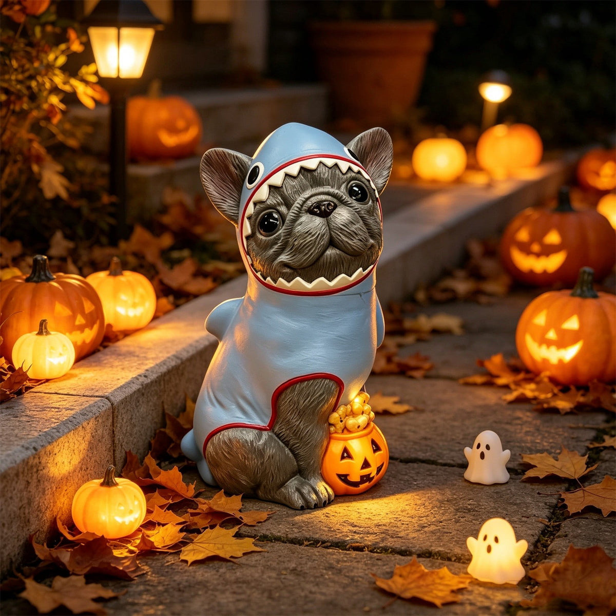 Gray Frenchie in Shark Costume Blow Mold, Halloween French Bulldog Statue with Light Up Pumpkin Decor, Cute Resin Outdoor Indoor Tabletop Dog Ornament, Entryway Patio Yard Decoration, 7.87"