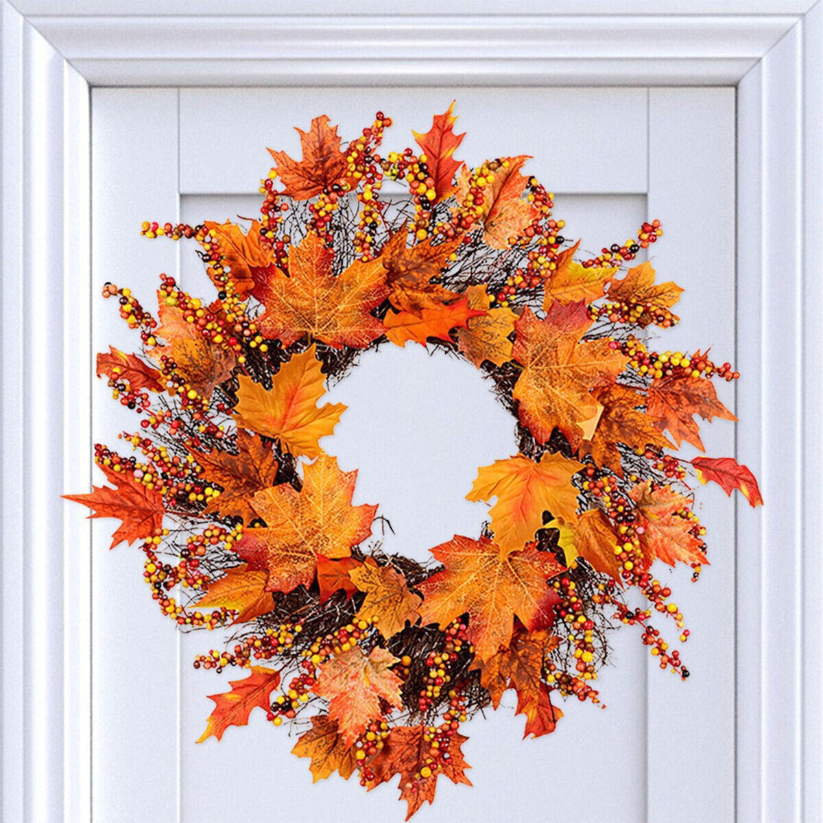 HOARBOEG Handmade Wrought Iron Maple Leaf Wreath, Thanksgiving Rudolph Fall Harvest Door Hanging, Orange Metal Autumn Wreath with Berries, Garden Wall Decor, 15.75 in