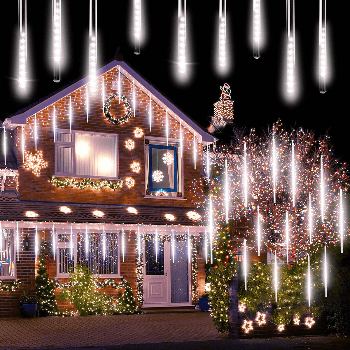 Scidweet Christmas String Lights, 20 inch 10 Tubes 540 LED Icicle Twinkle Meteor Shower Lights Outdoor for Christmas Halloween Holiday Party Home Decor, White