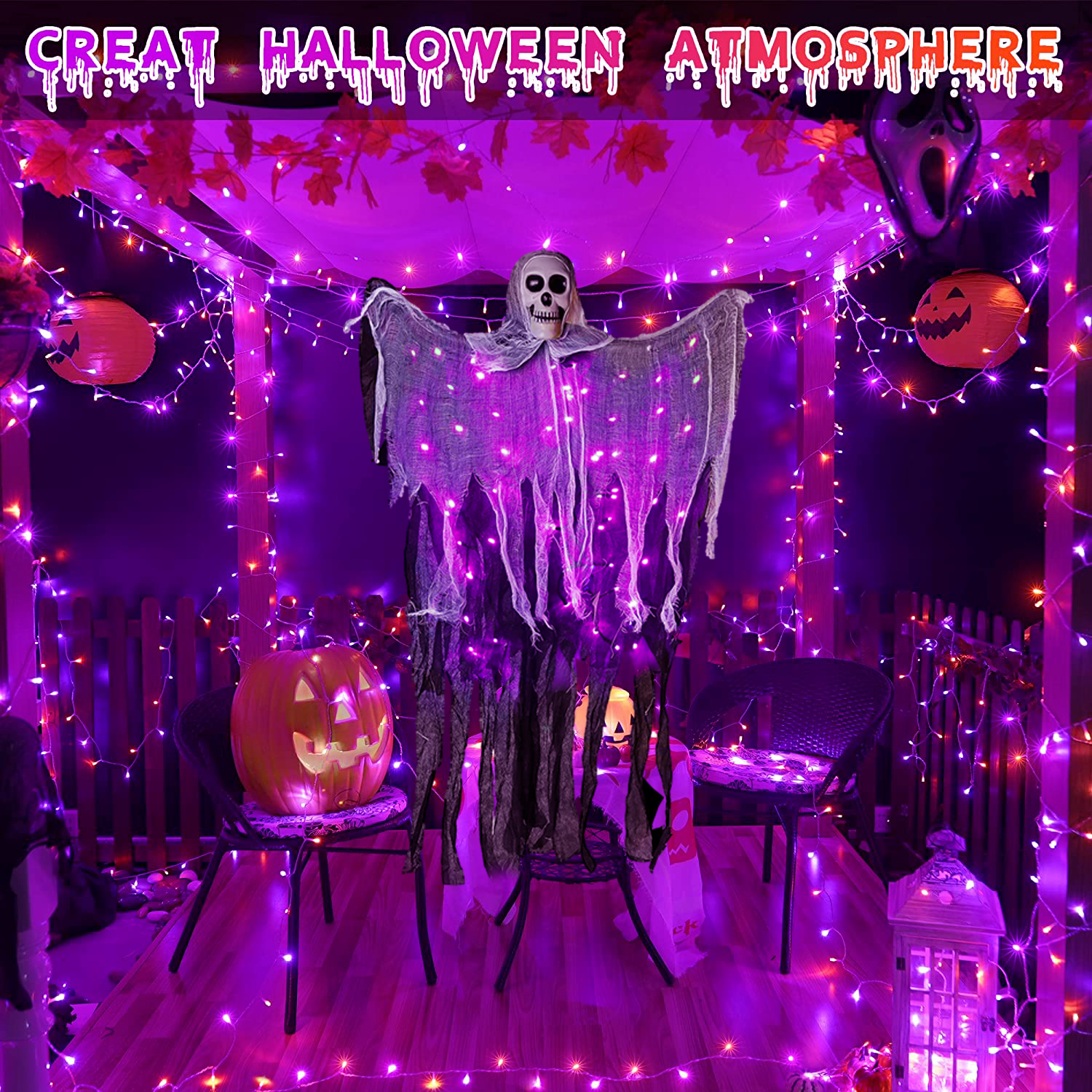 Halloween Hanging Grim Reaper with 60 LED Purple Halloween Lights,2 Lighting Modes Halloween Decoration Waterproof Battery Operated for Indoor/Outdoor Party,Yard,House Decor